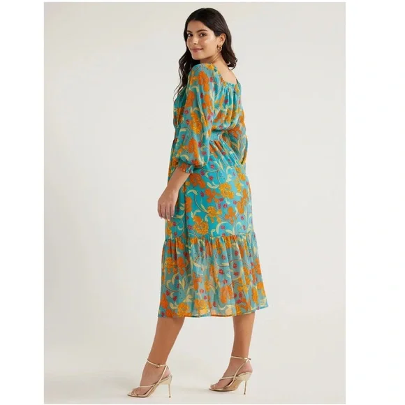 Sofia Women's Off Shoulder Blue Orange Floral Dress Blouson Sleeve Plus Size XXL - Picture 2 of 4